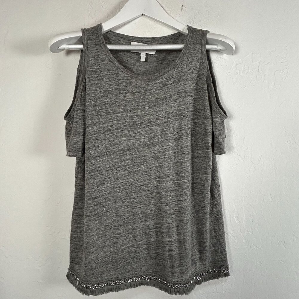 Derek Lam 10 Crosby Womens Gray Cold Shoulder Linen Top Blouse Medium Fringe Hem